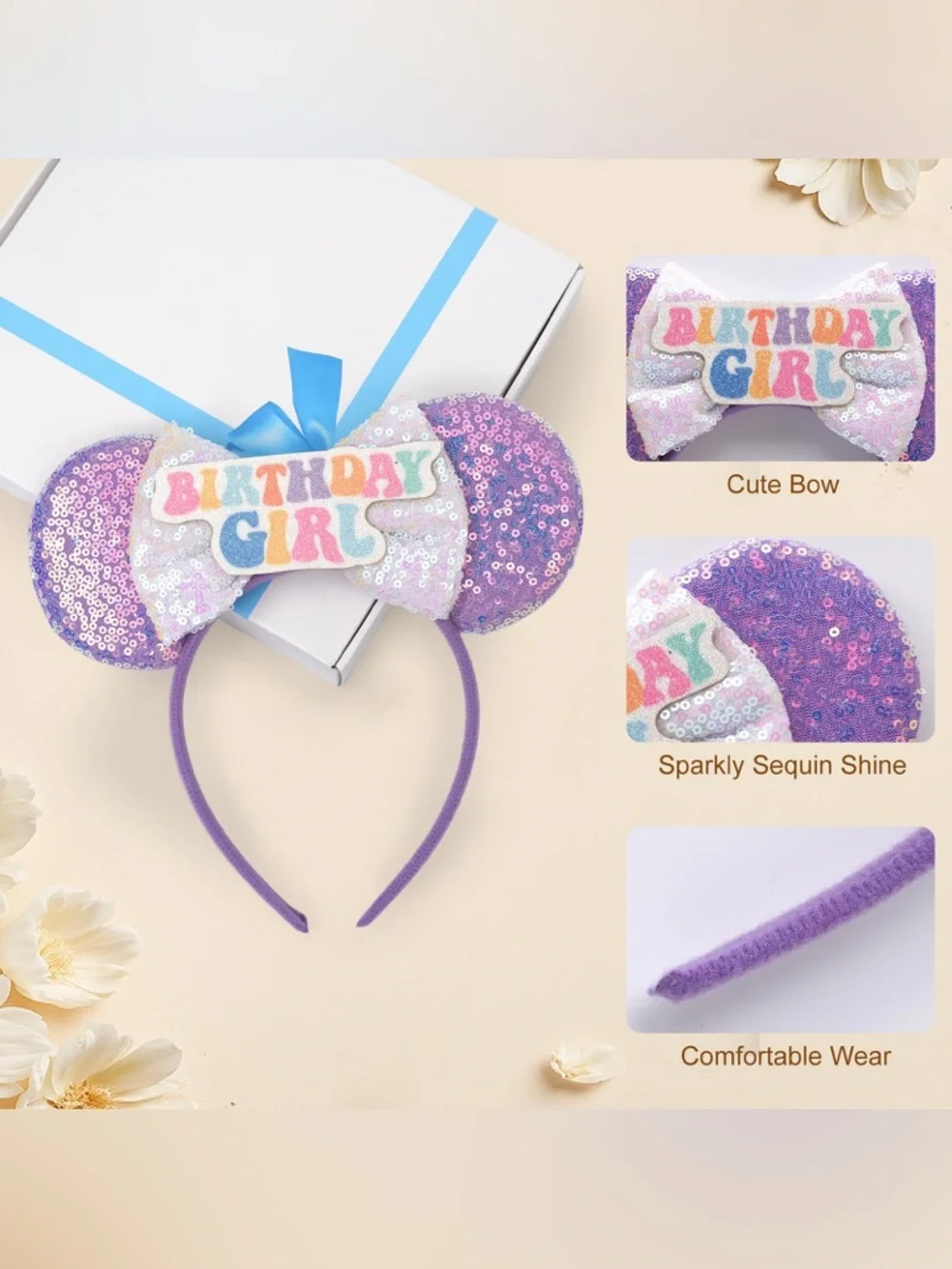 Birthday Girl Sequin Mouse Ear Headbands - Pink/Blue and Purple Options